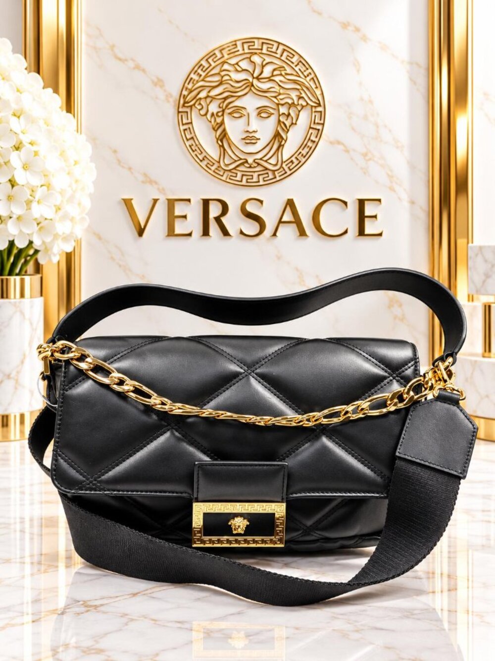 Versace Black Quilted Leather Medusa Gold Chain Shoulder Crossbody Bag